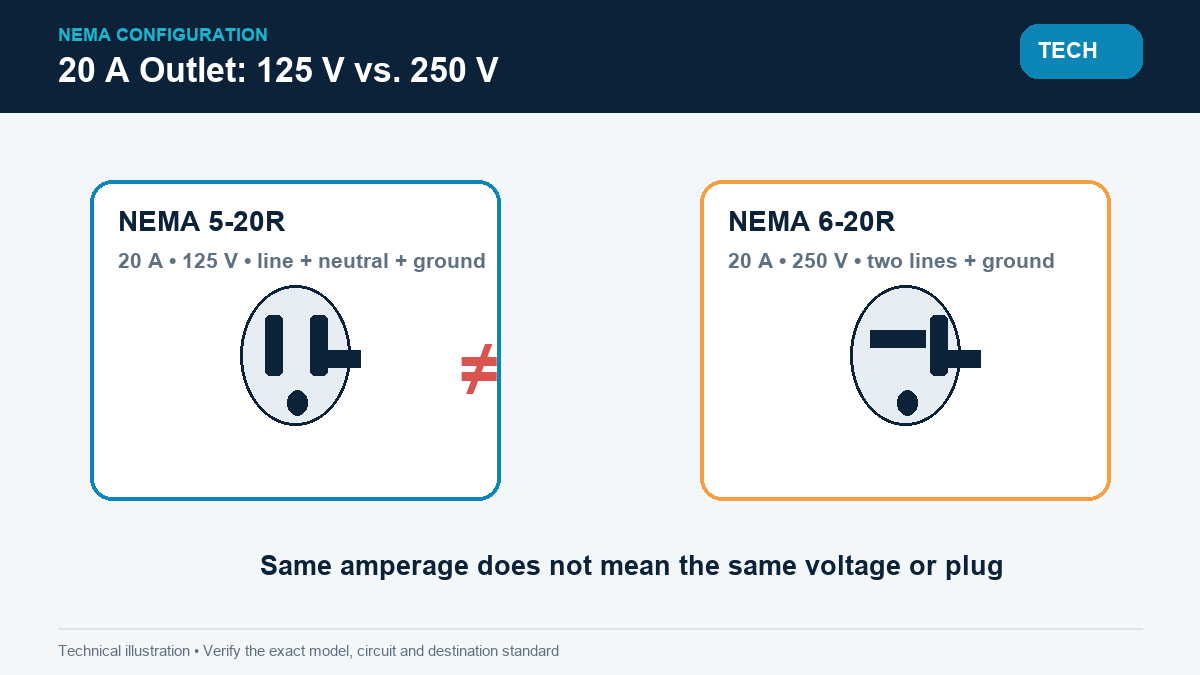 NEMA 5-20R versus 6-20R receptacle geometry and voltage comparison