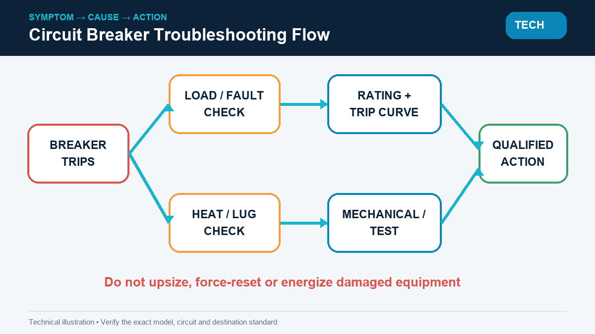 Circuit breaker troubleshooting flow from trip symptom to load fault connection or breaker test