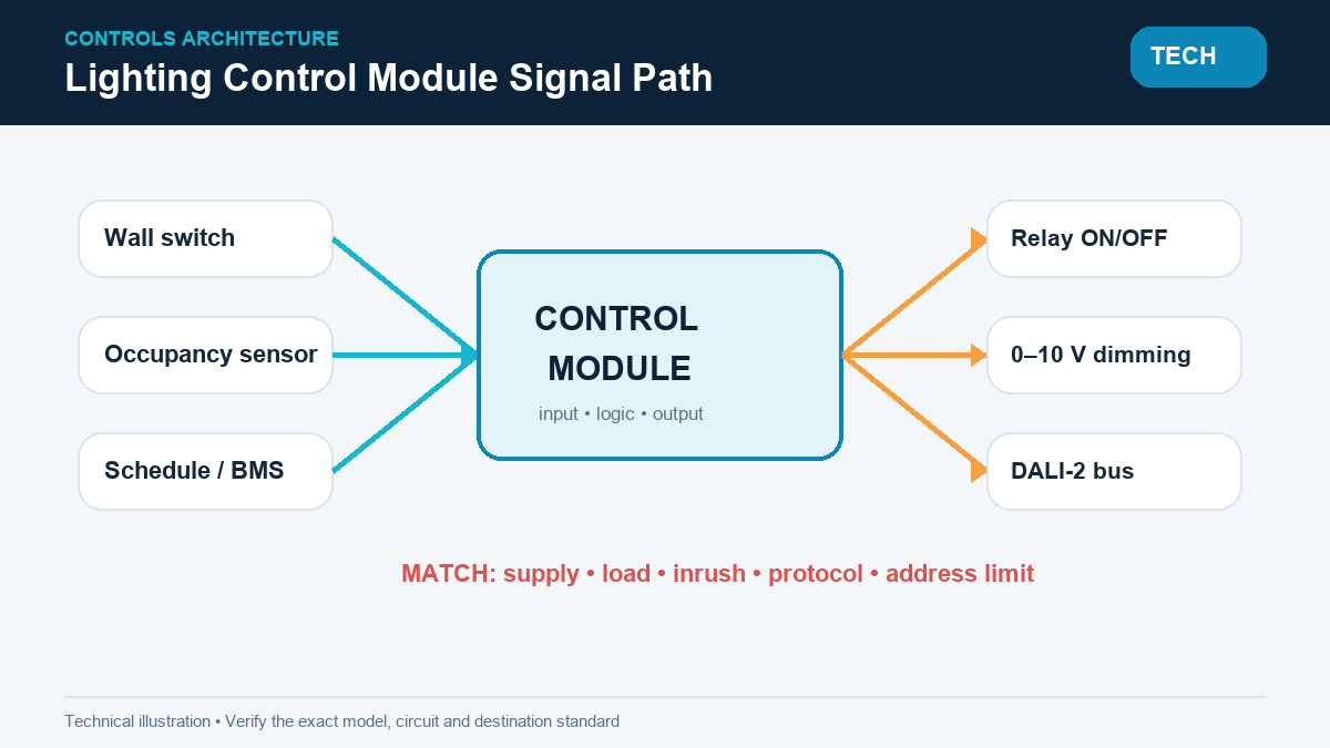 Lighting controller signal path from sensor input to relay, dimming, and DALI outputs