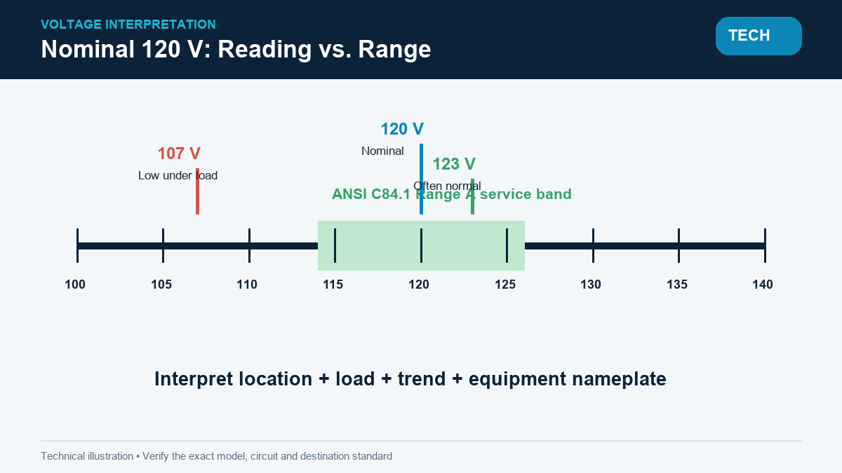 Nominal 120 volt outlet range showing normal low and high readings