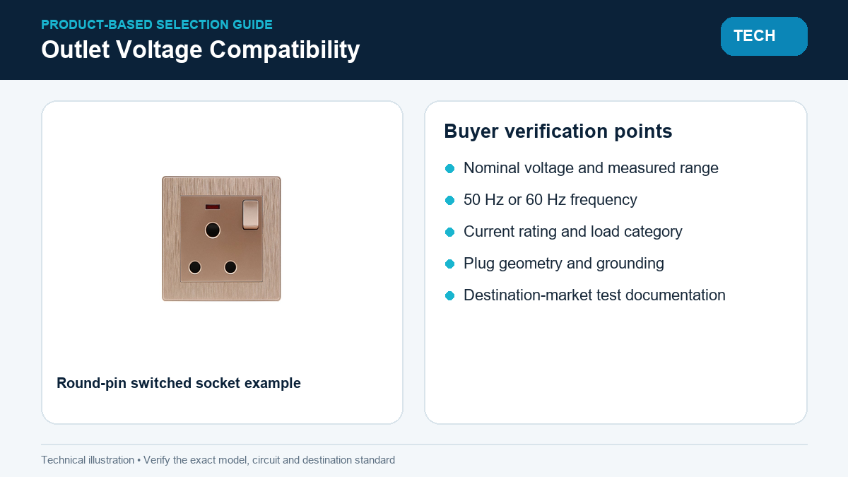 Round pin switched socket with voltage frequency and plug compatibility checklist