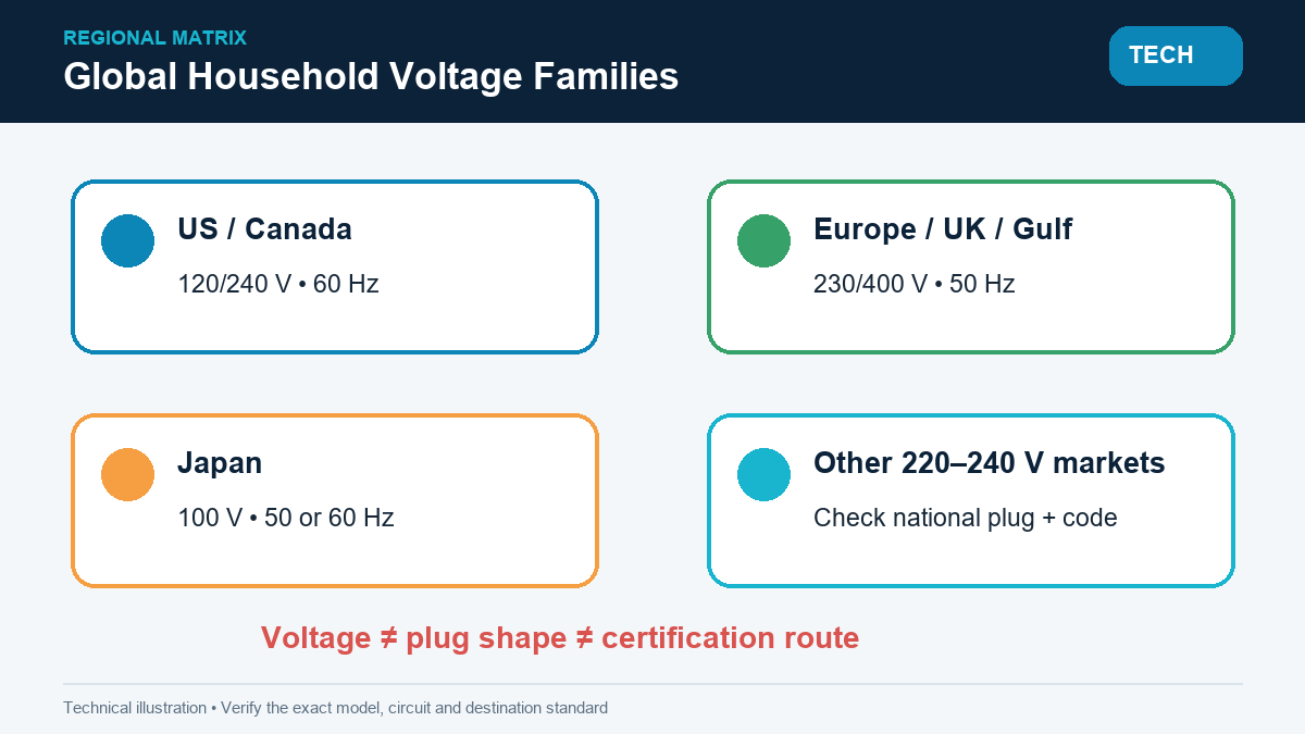 World household outlet voltage map grouping 100 120 and 230 volt regions