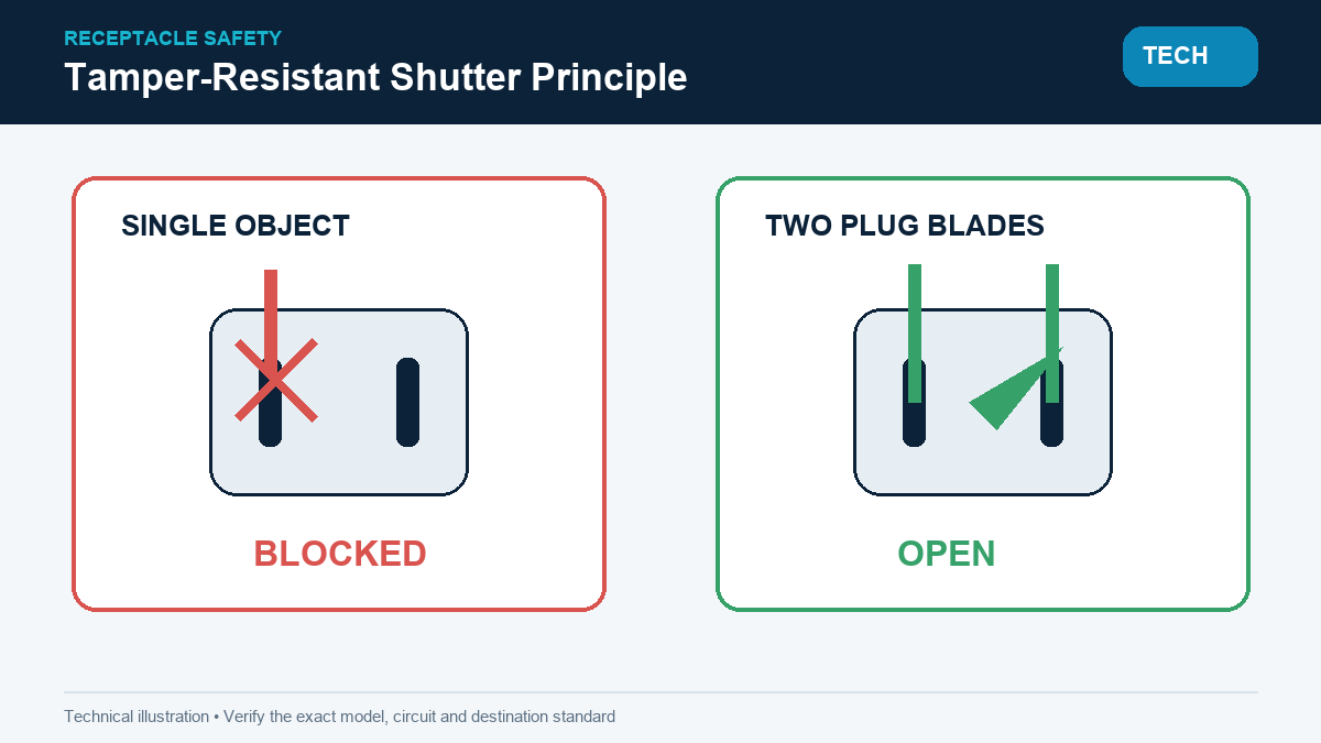 Tamper resistant outlet shutter mechanism comparing single probe and two blade insertion