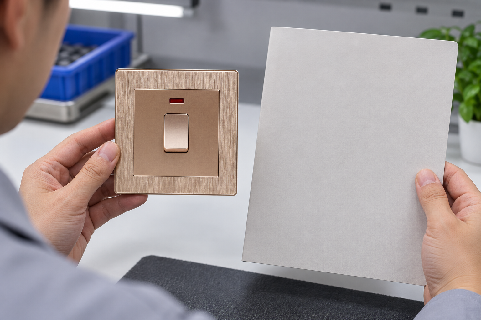 Procurement inspector reviewing the visible finish of a 20A wall switch sample
