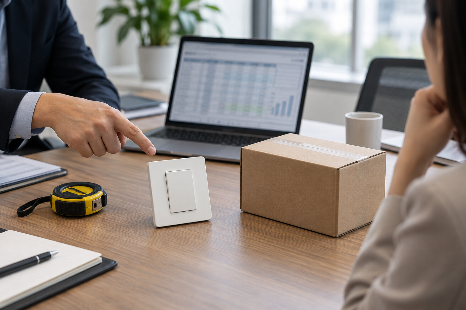 Buyer comparing a wall switch sample, packaging and landed-cost worksheet