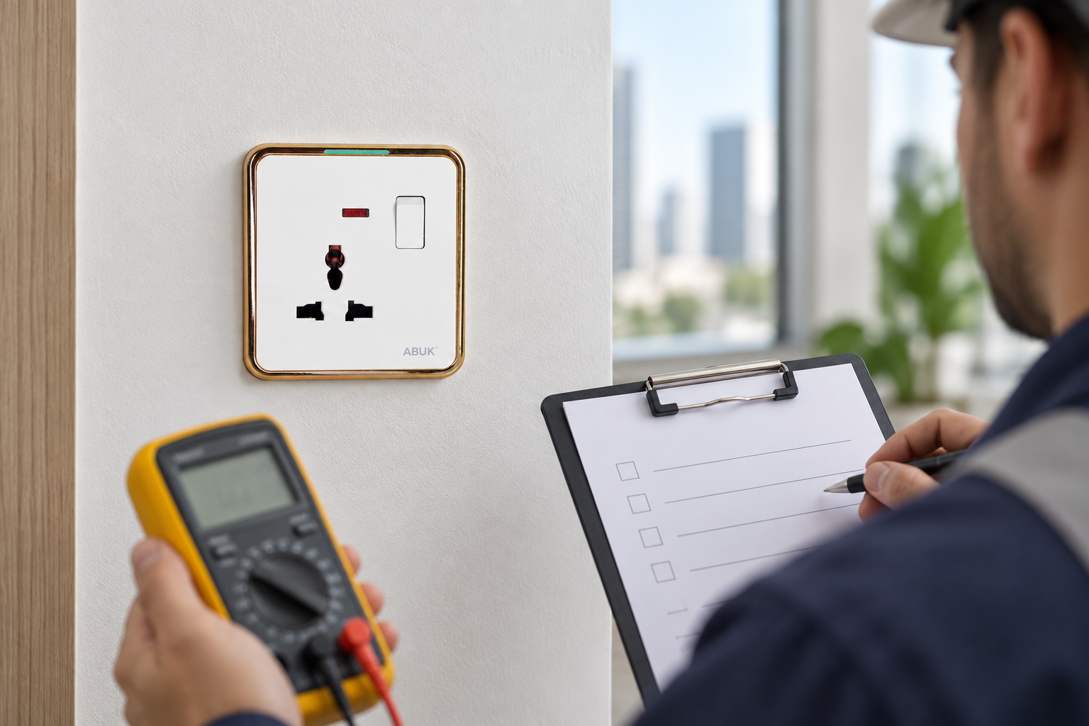 On-site voltage verification at a Brazilian distribution board before socket replacement