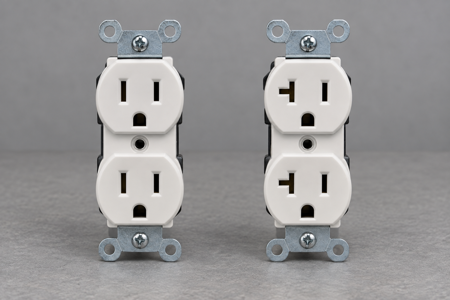 NEMA 5-15 straight-slot and NEMA 5-20 T-slot receptacles compared side by side