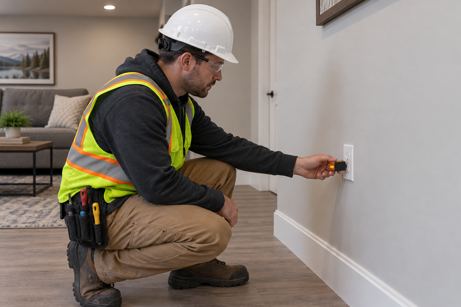 Electrician checking a Canadian wall receptacle with a plug-in tester