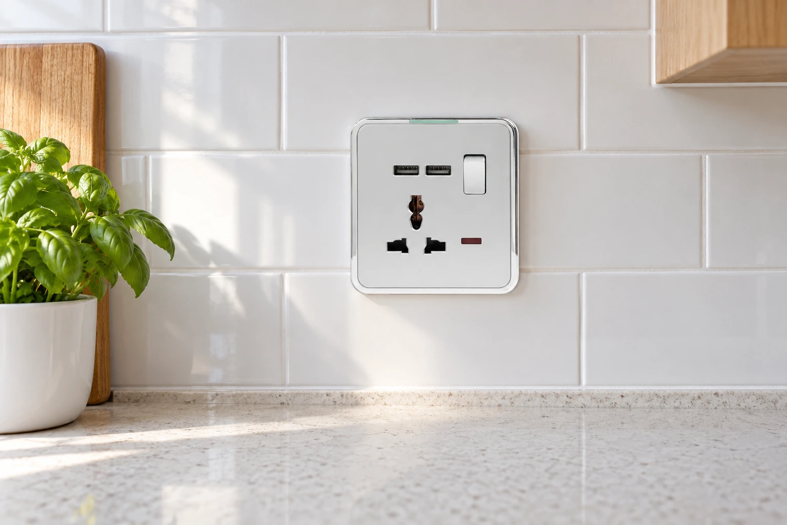 Indoor USB wall socket in a dry kitchen area for location-based selection