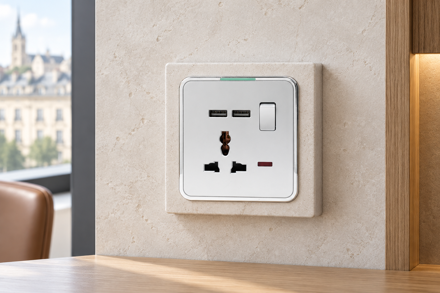 Close view of an ABUK universal wall socket for adapter-fit planning