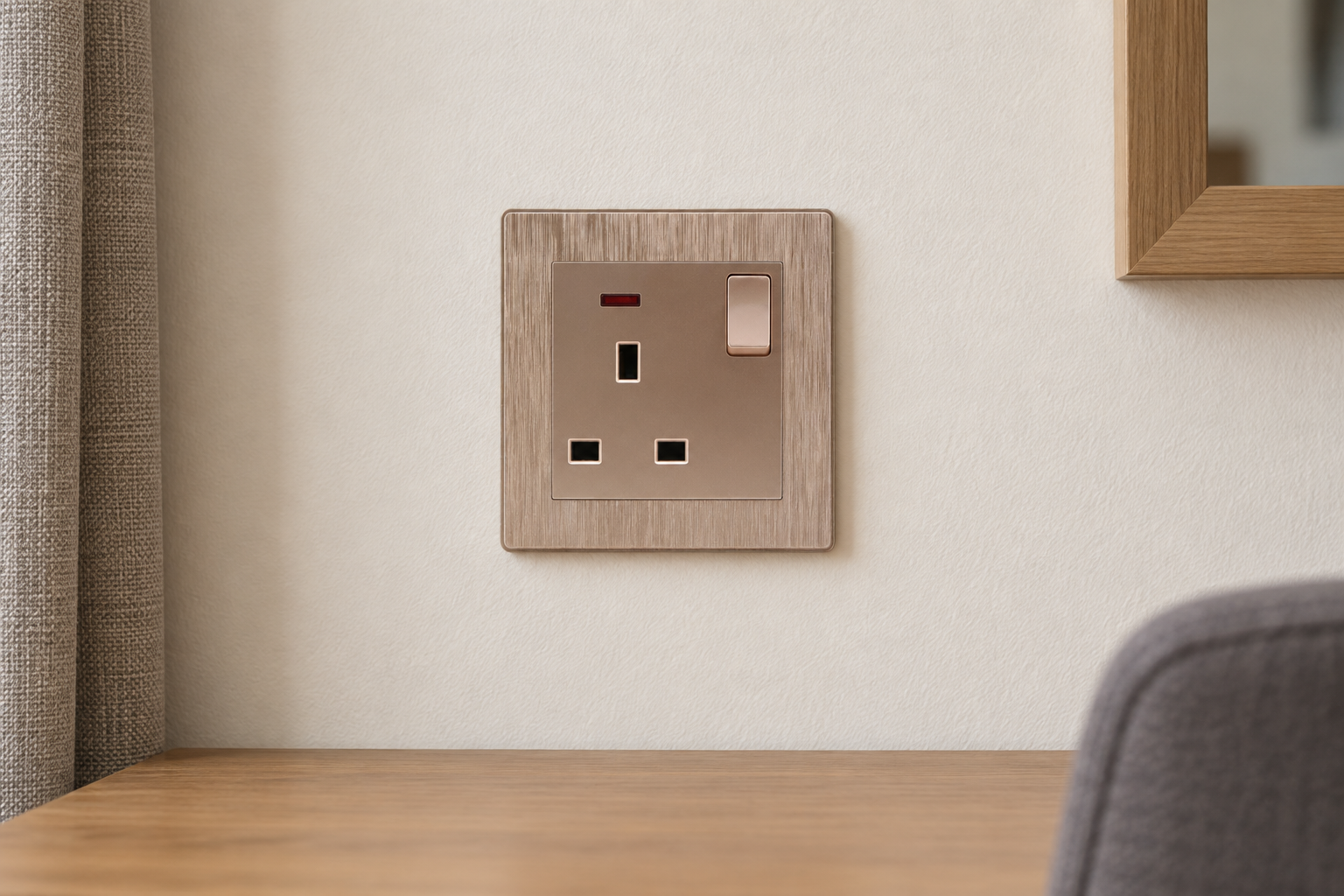 ABUK switched socket shown in a practical indoor installation setting