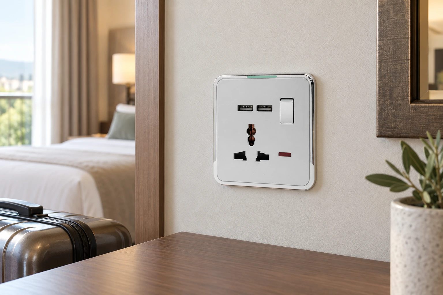 Wall socket in an Italian hotel room for adapter-fit verification