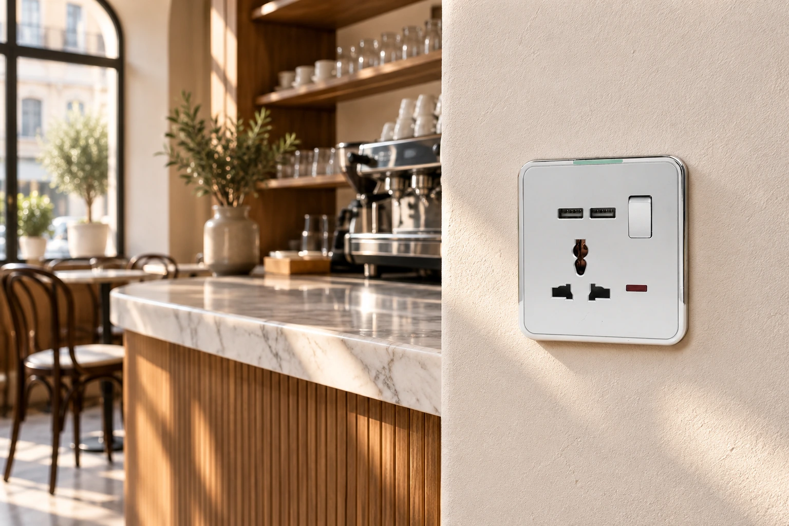Installed wall socket in an Italian hospitality interior for procurement verification