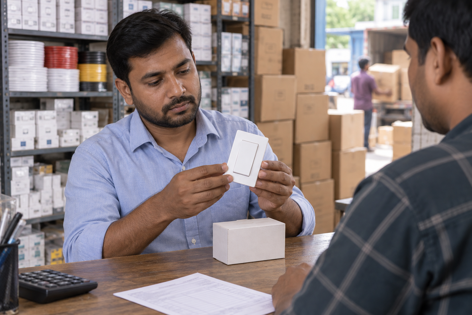 Distributor reviewing a rocker switch sample, carton and invoice at a Bangladesh wholesale counter