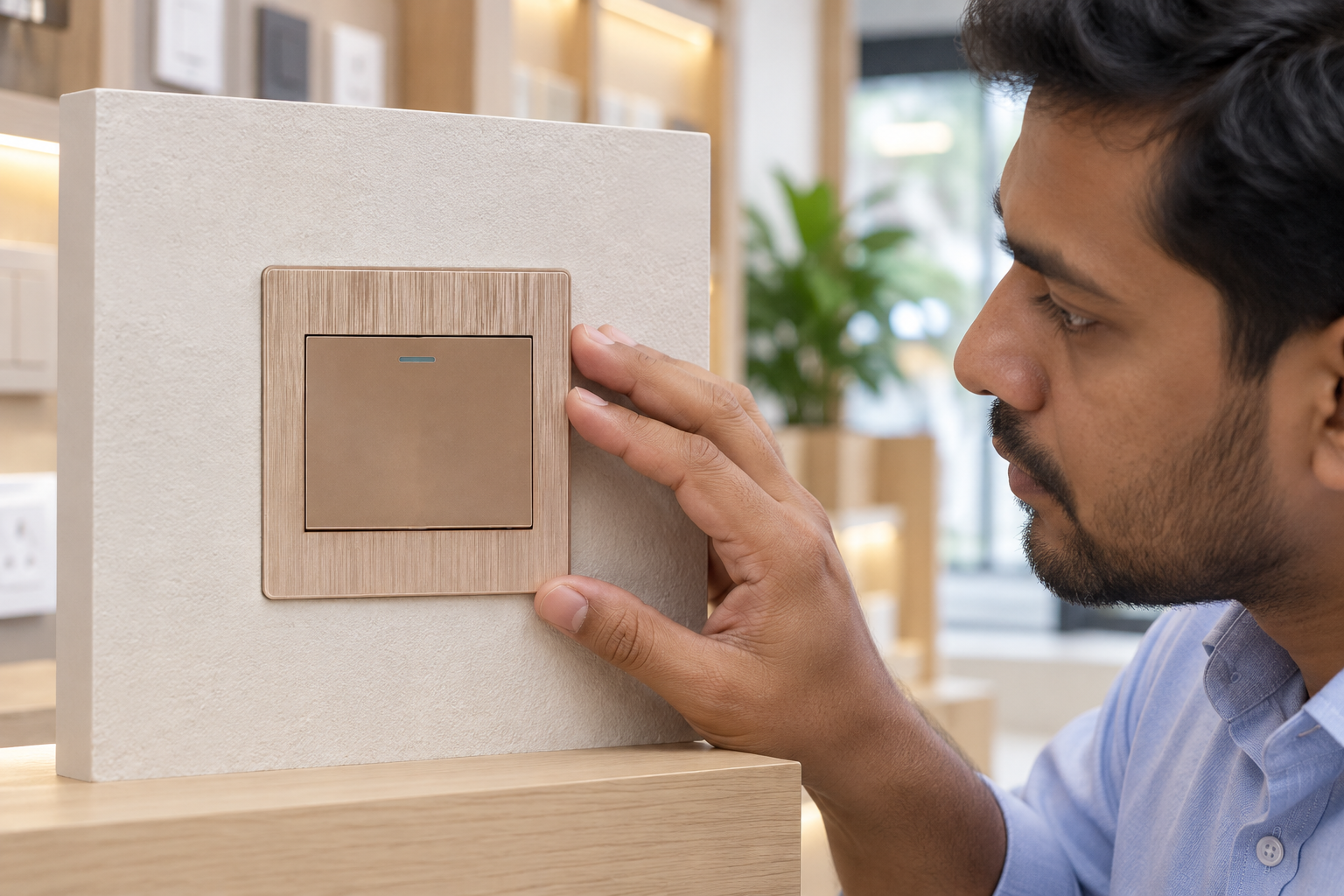 Bangladesh electrical distributor inspecting a piano rocker switch sample board