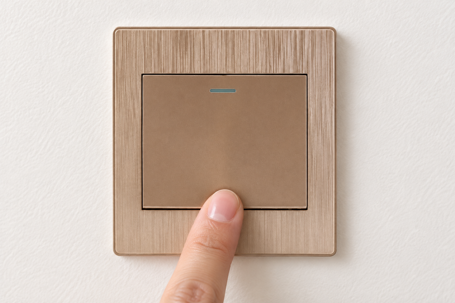 Close-up of a fingertip operating the broad rocker on a piano light switch