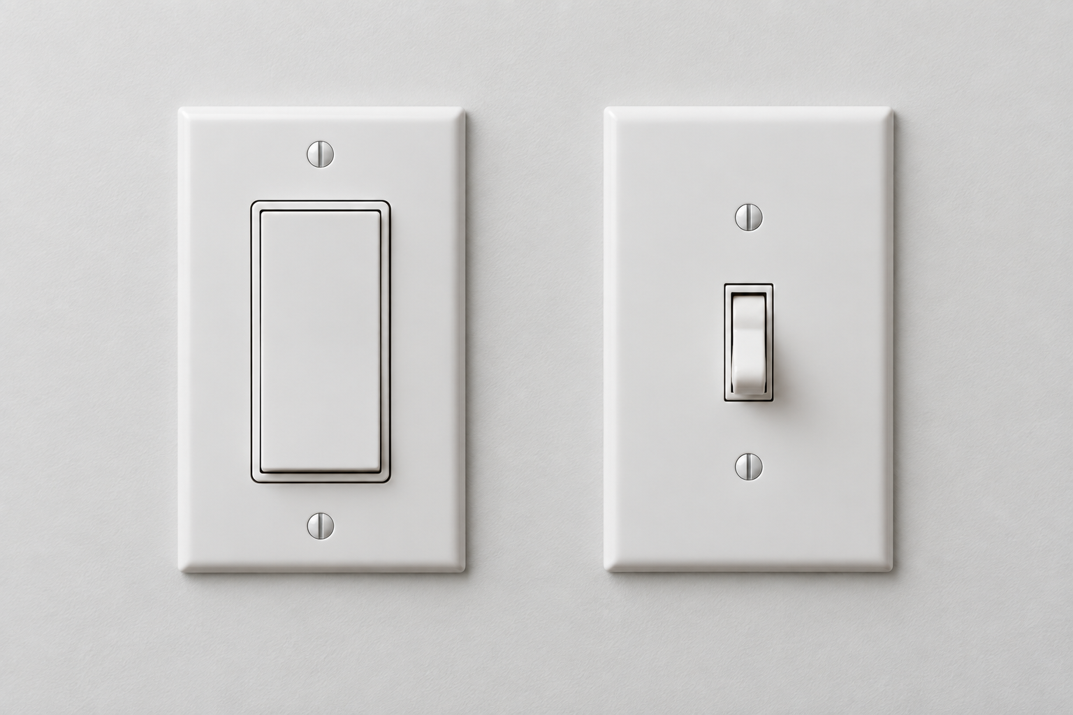 Wide rocker wall switch and traditional toggle switch compared side by side