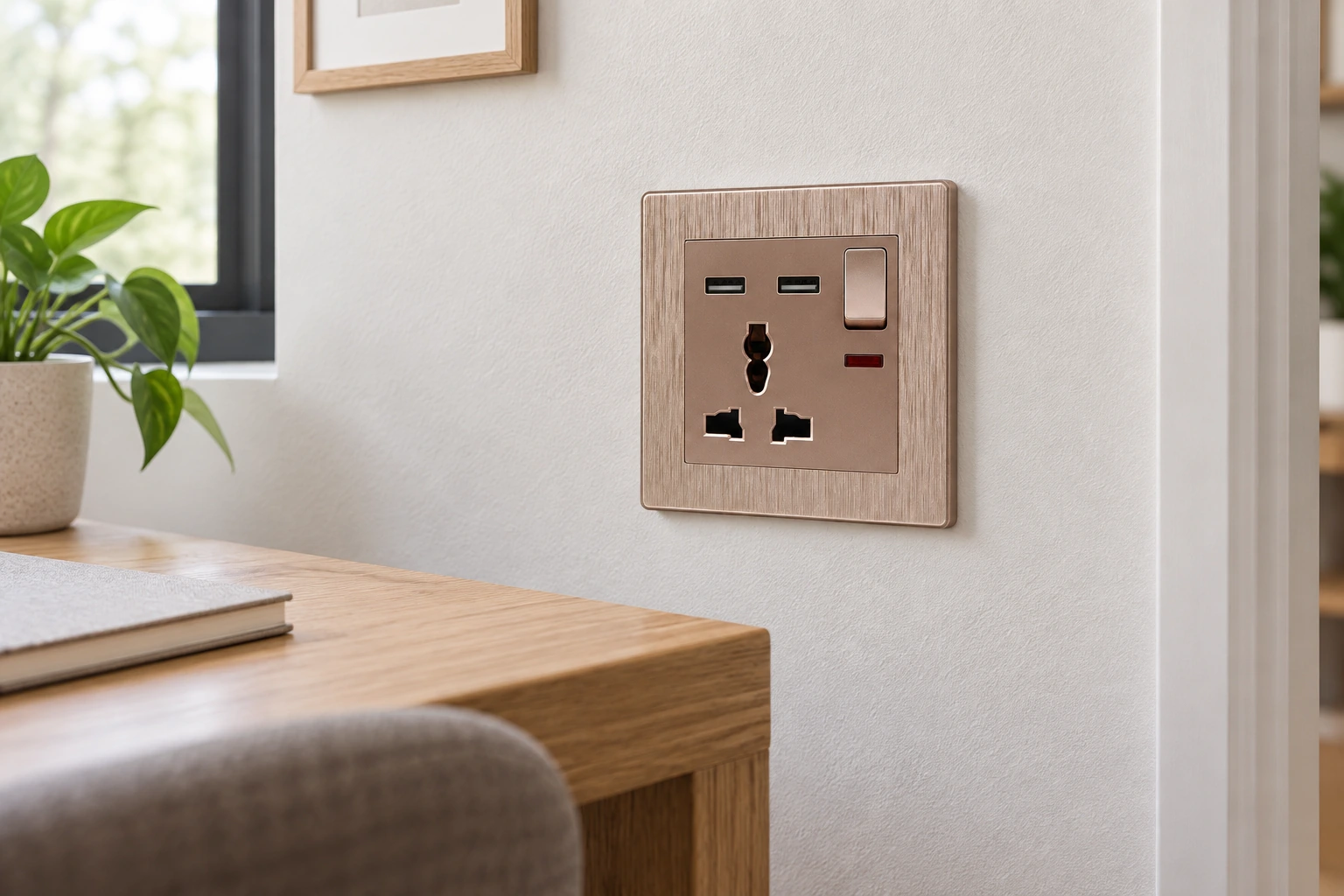 Wall socket in a US home office illustrating the need to verify voltage and circuit ratings
