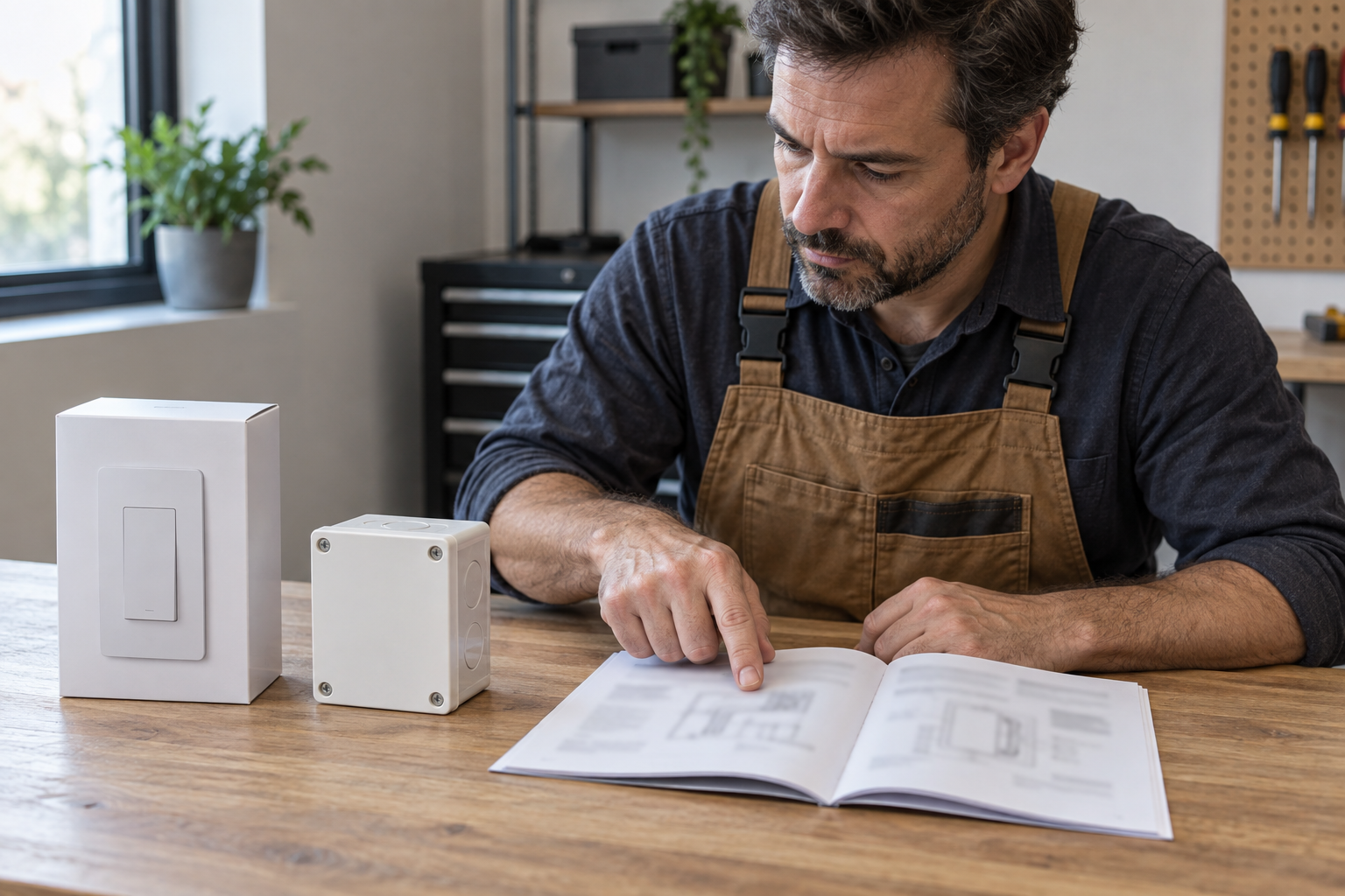 Electrician reviewing a smart light switch manual before installation