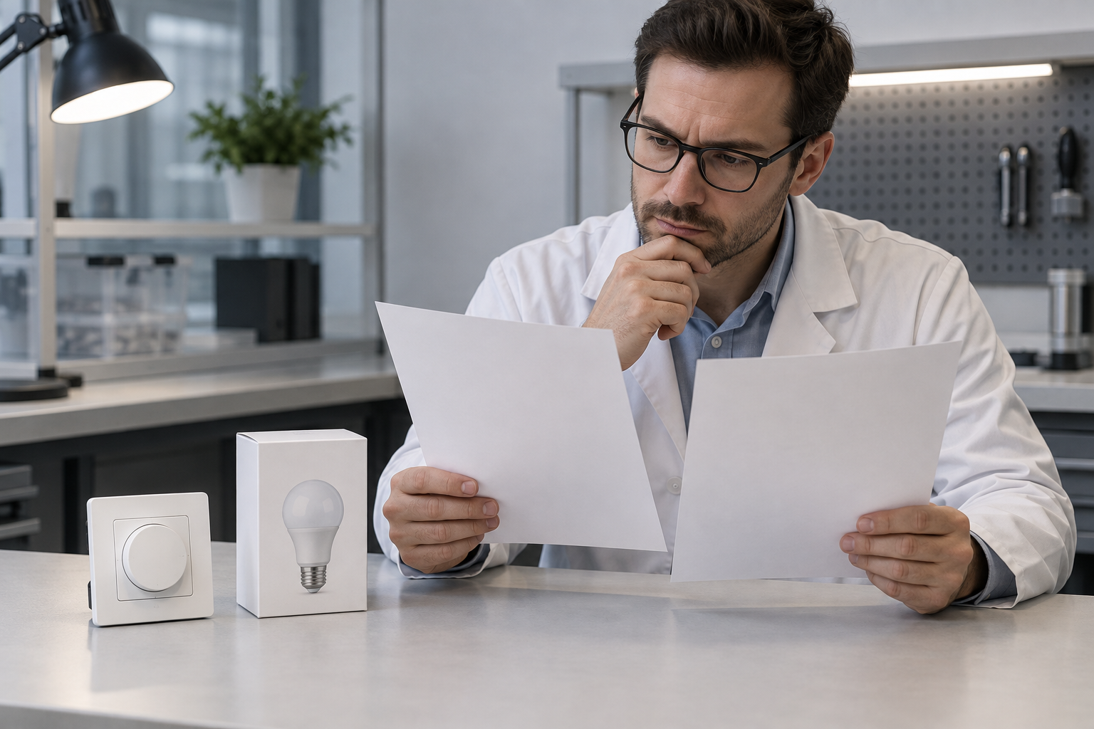 Technical buyer comparing smart dimmer and LED lamp specification sheets