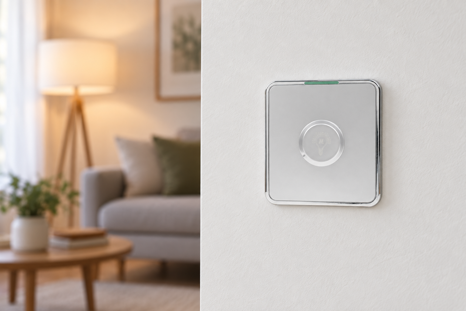 Silver-white rotary dimmer switch installed on a living-room wall