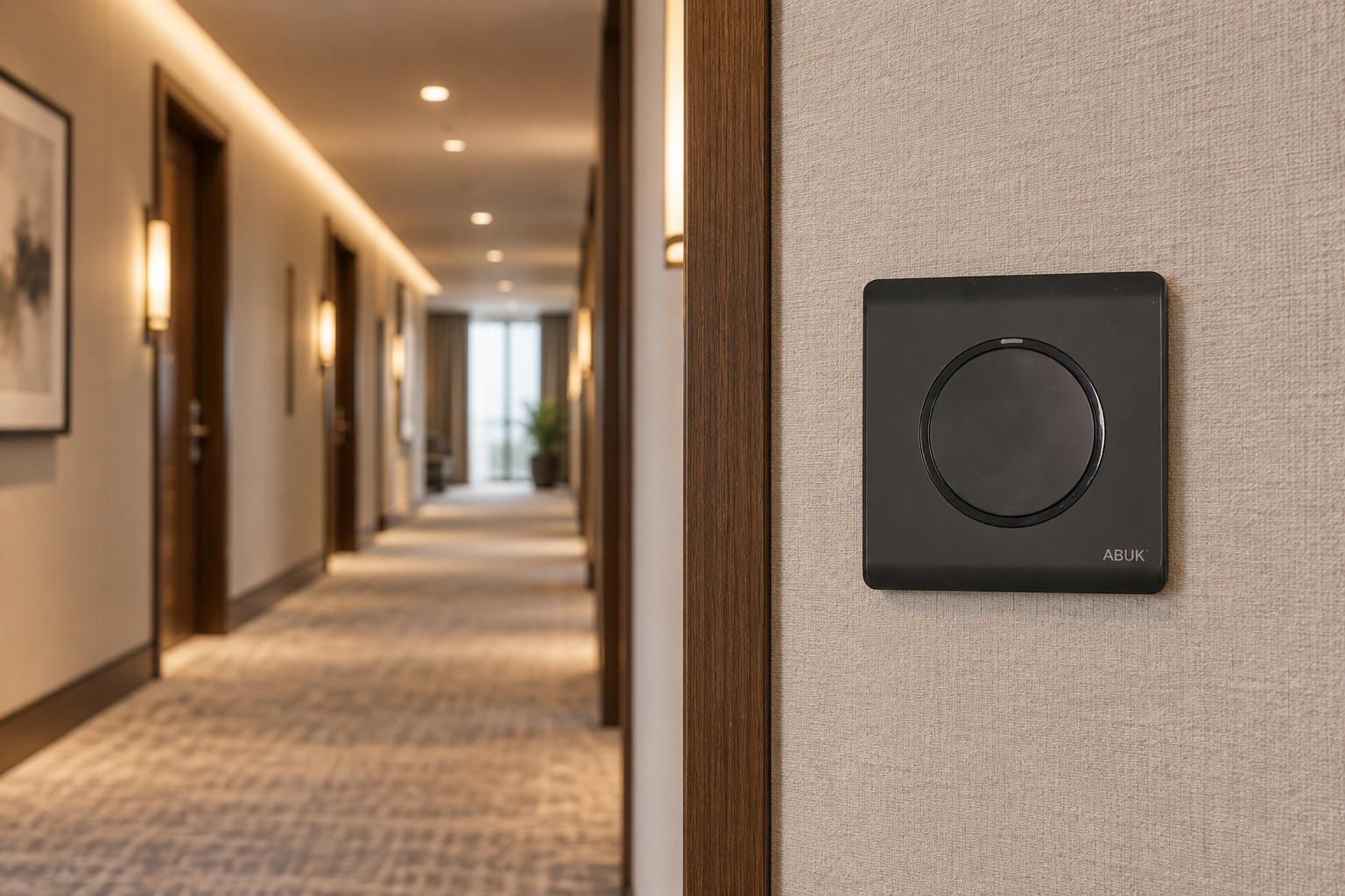 Black two-way rocker switch installed at the entrance to a hotel corridor