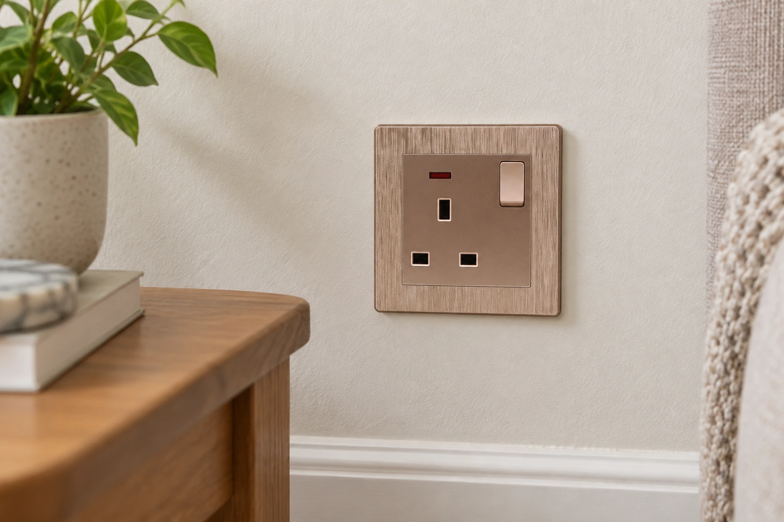 Switched UK-style wall socket in a residential room for application selection