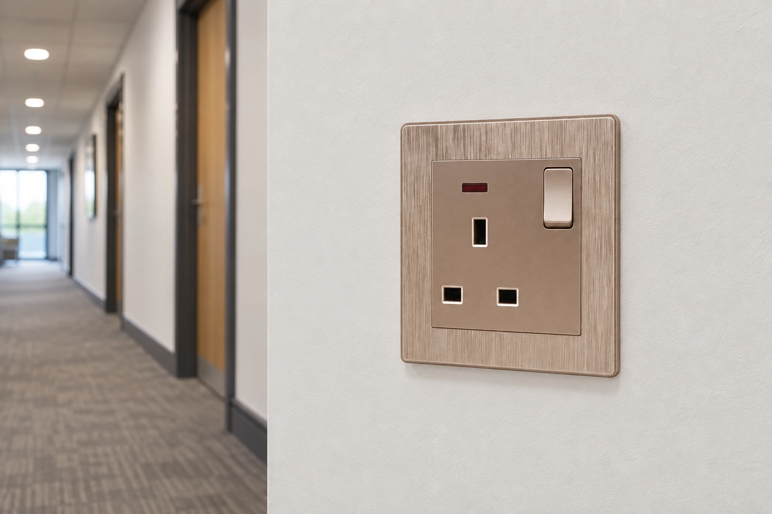 Flush-mounted UK-style wall socket in a commercial interior for replacement planning