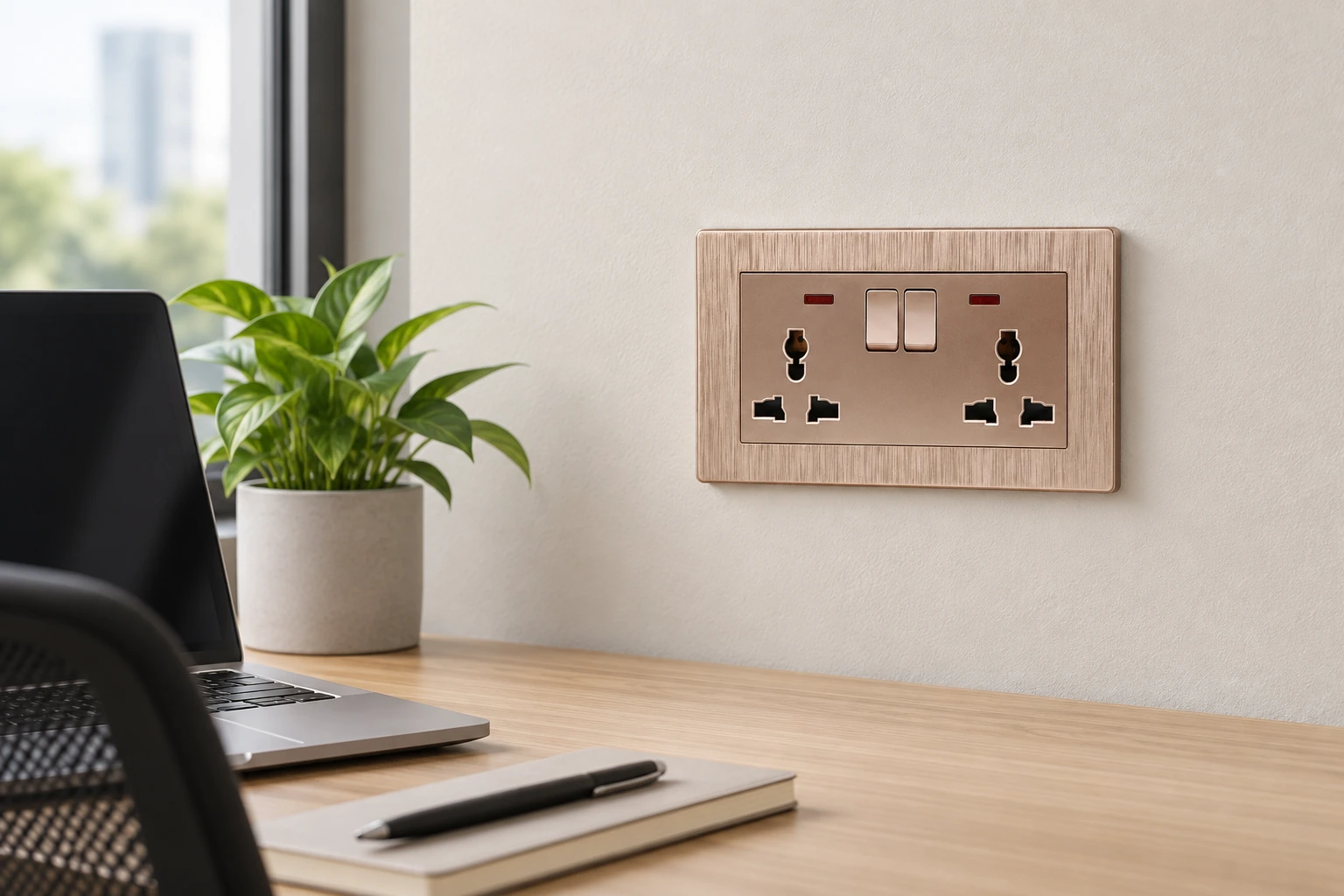 Double wall socket in a co-working space illustrating interface and rating checks
