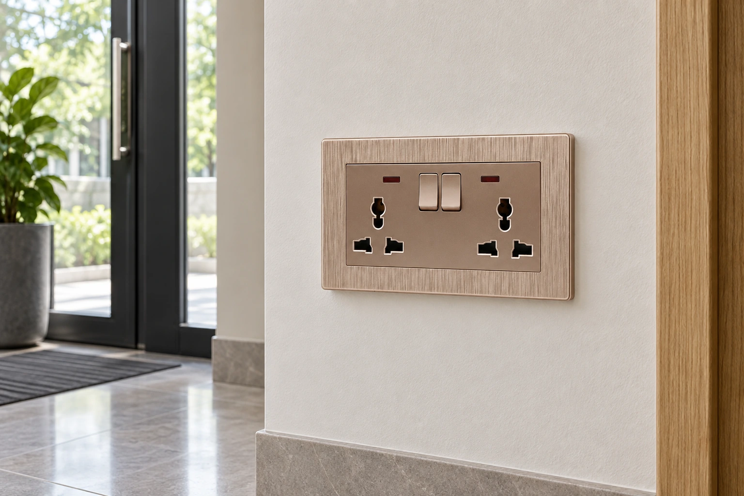 Indoor wall socket near a building entrance for environmental suitability planning
