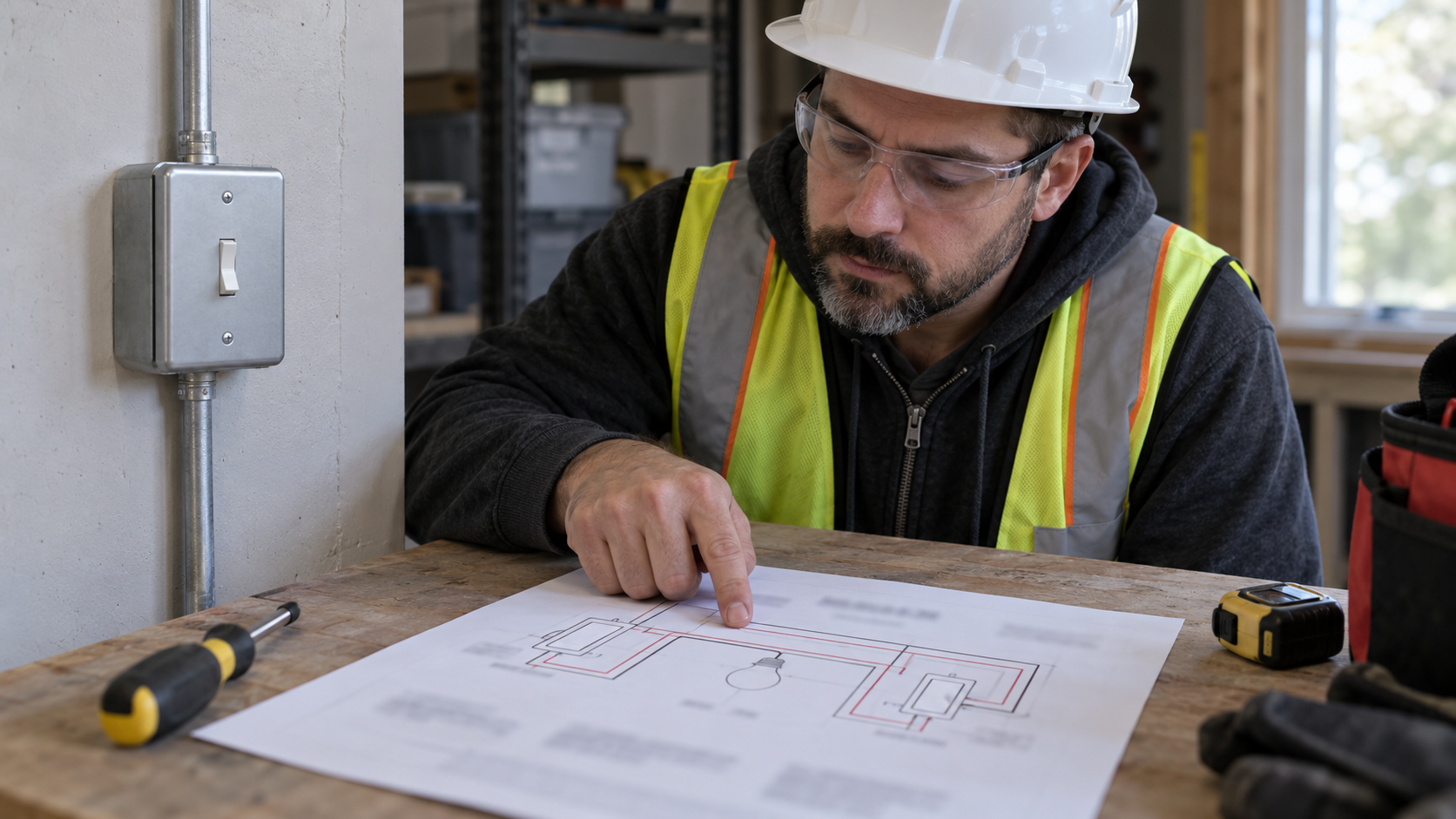 Qualified electrician reviewing a blurred wiring diagram beside a closed switch box