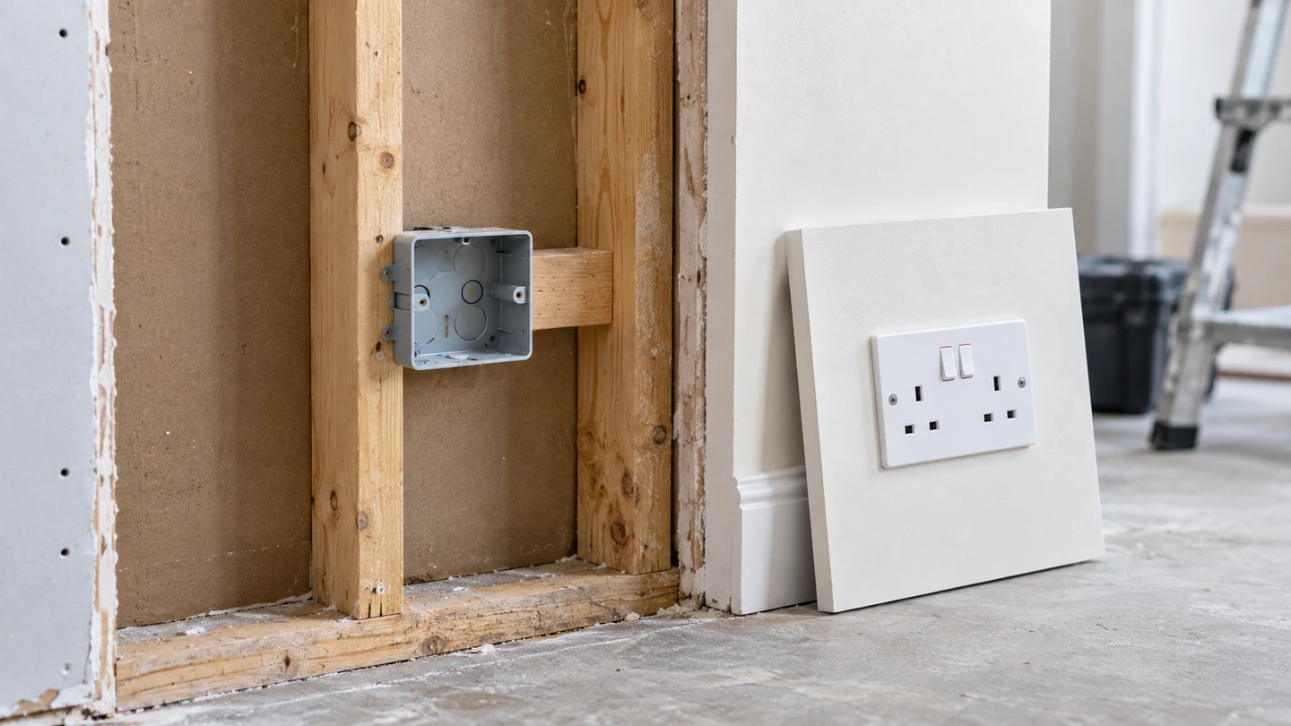 Empty outlet box in an open partition showing access and making-good work