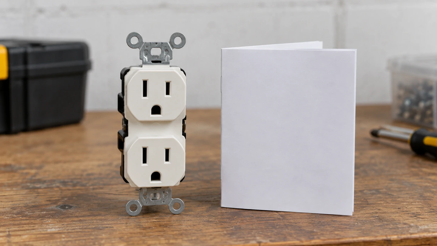 Front of an unbranded duplex receptacle beside a manufacturer-instruction folder