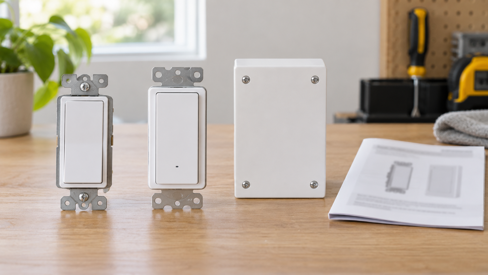 Standard rocker switch and smart wall switch samples reviewed beside a closed wall-box sample