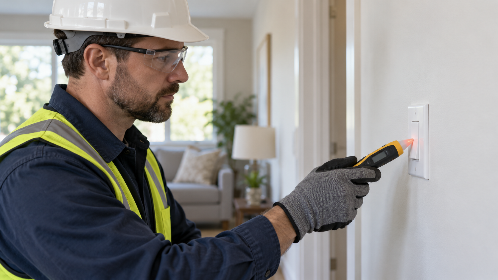 Electrician verifying an installed wall switch with a handheld voltage tester and closed circuit enclosure