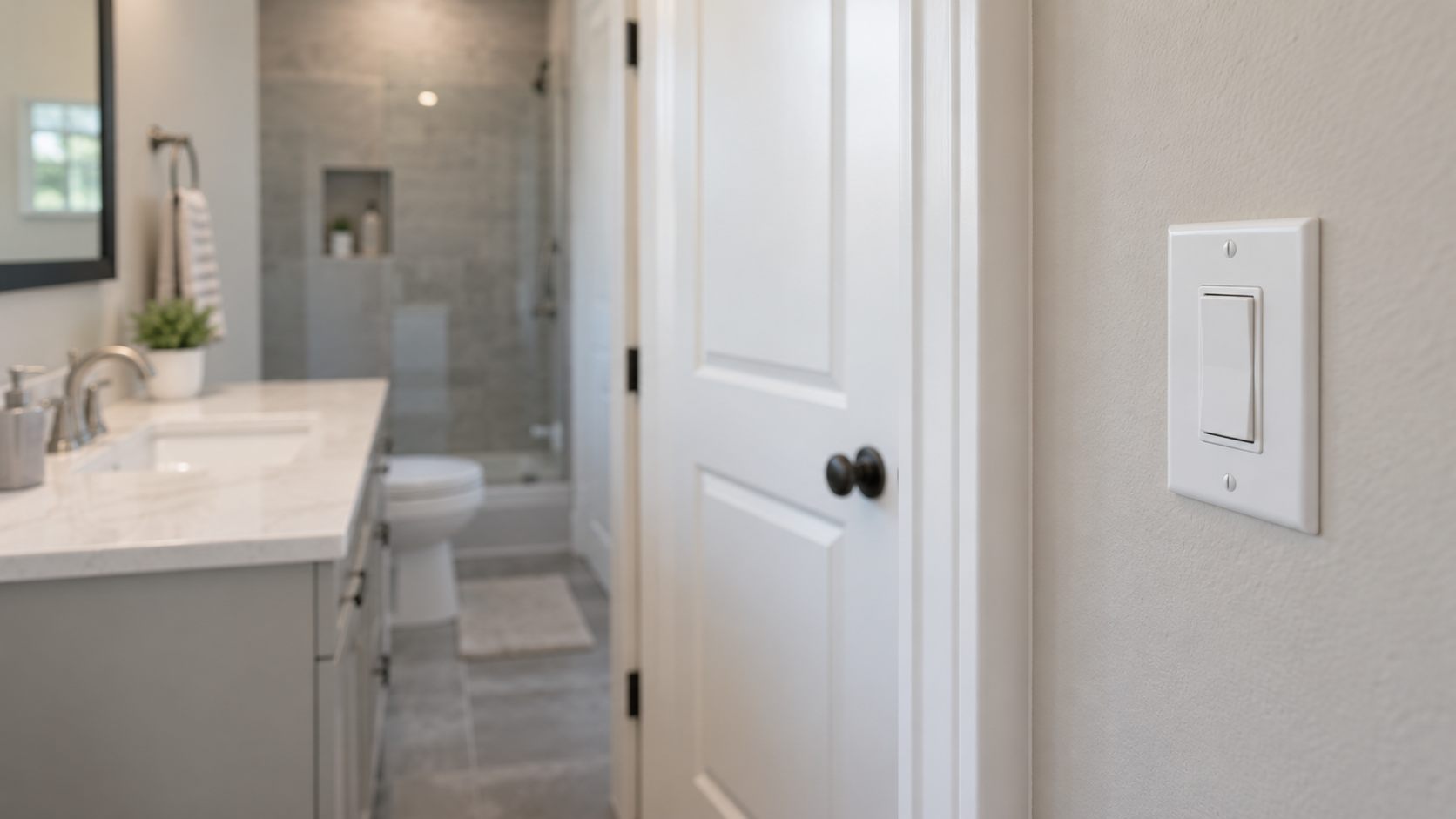 Generic wall switch located outside a finished bathroom wet area