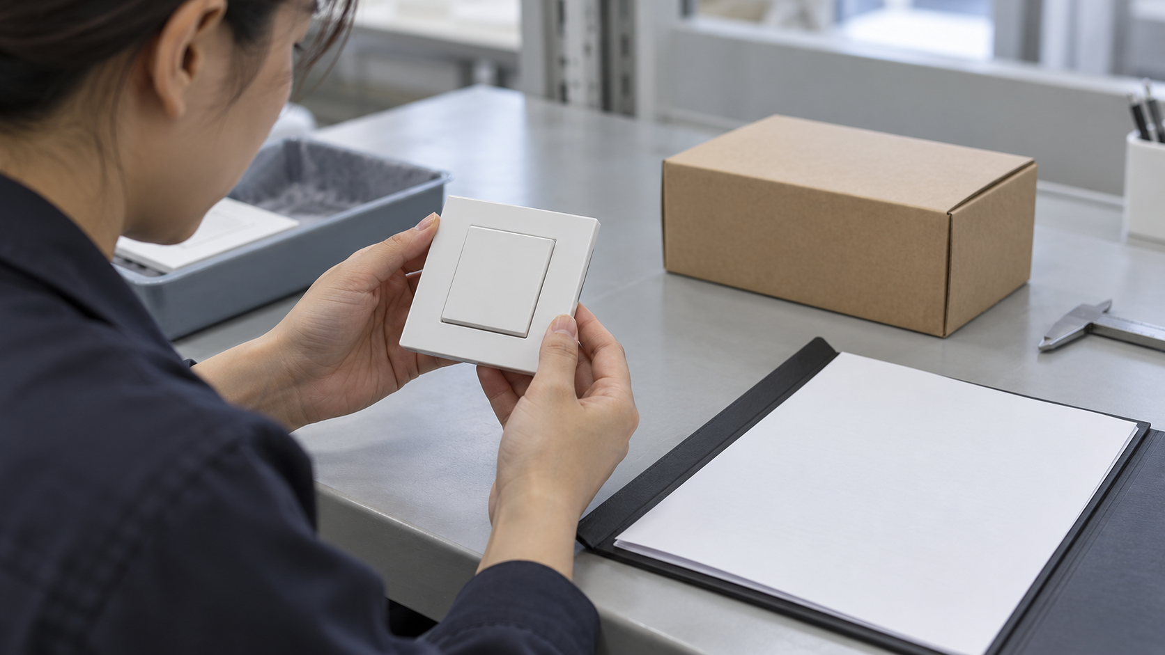 Procurement specialist inspecting a generic wall switch beside a blank test-report folder and packaging
