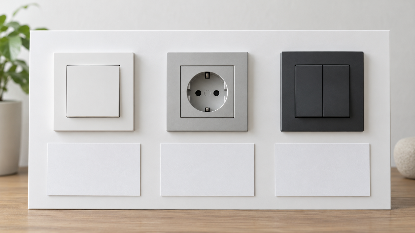 Three generic modular wall-device samples arranged on a specification board for comparison