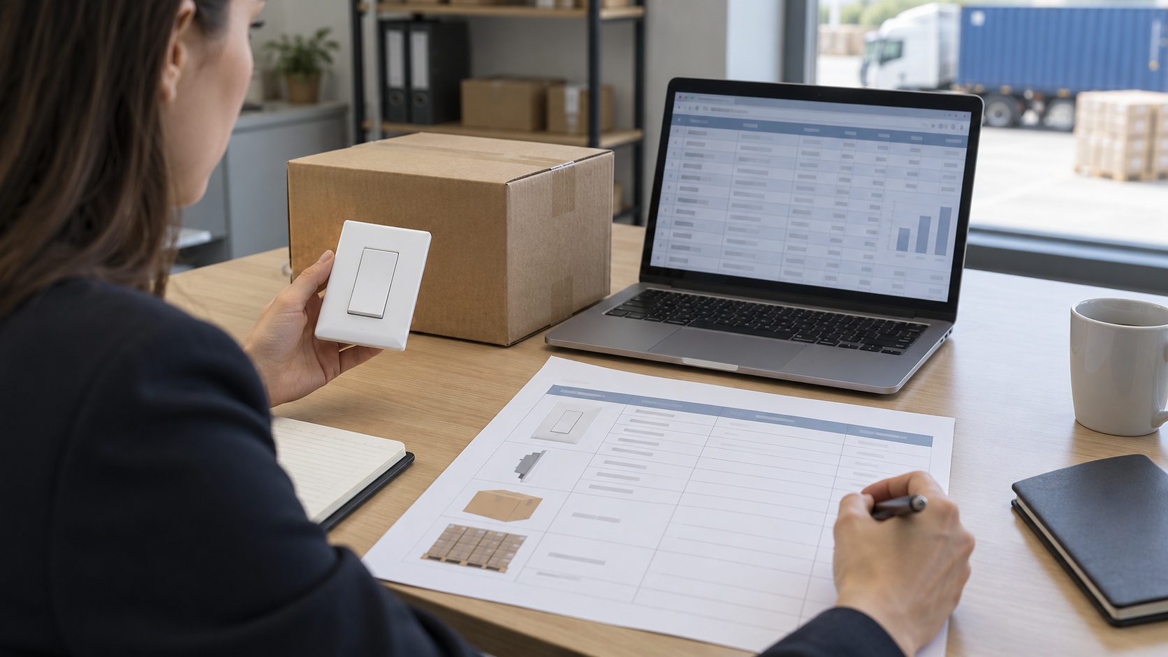 Buyer reviewing a generic wall switch sample, quotation sheet and packaging for an electrical RFQ