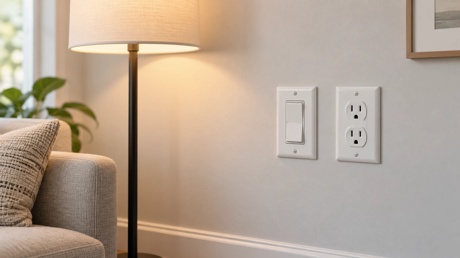 Generic wall control and separate duplex receptacle beside a floor lamp; external concept view