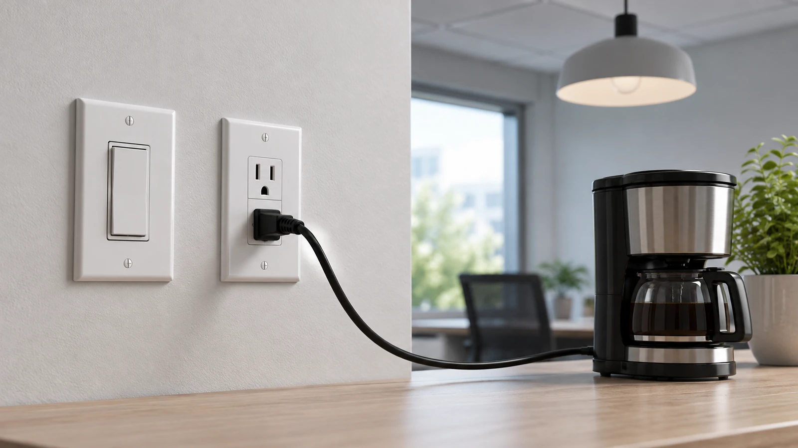 Separate wall control and plugged-in receptacle illustrating independent lighting and outlet functions