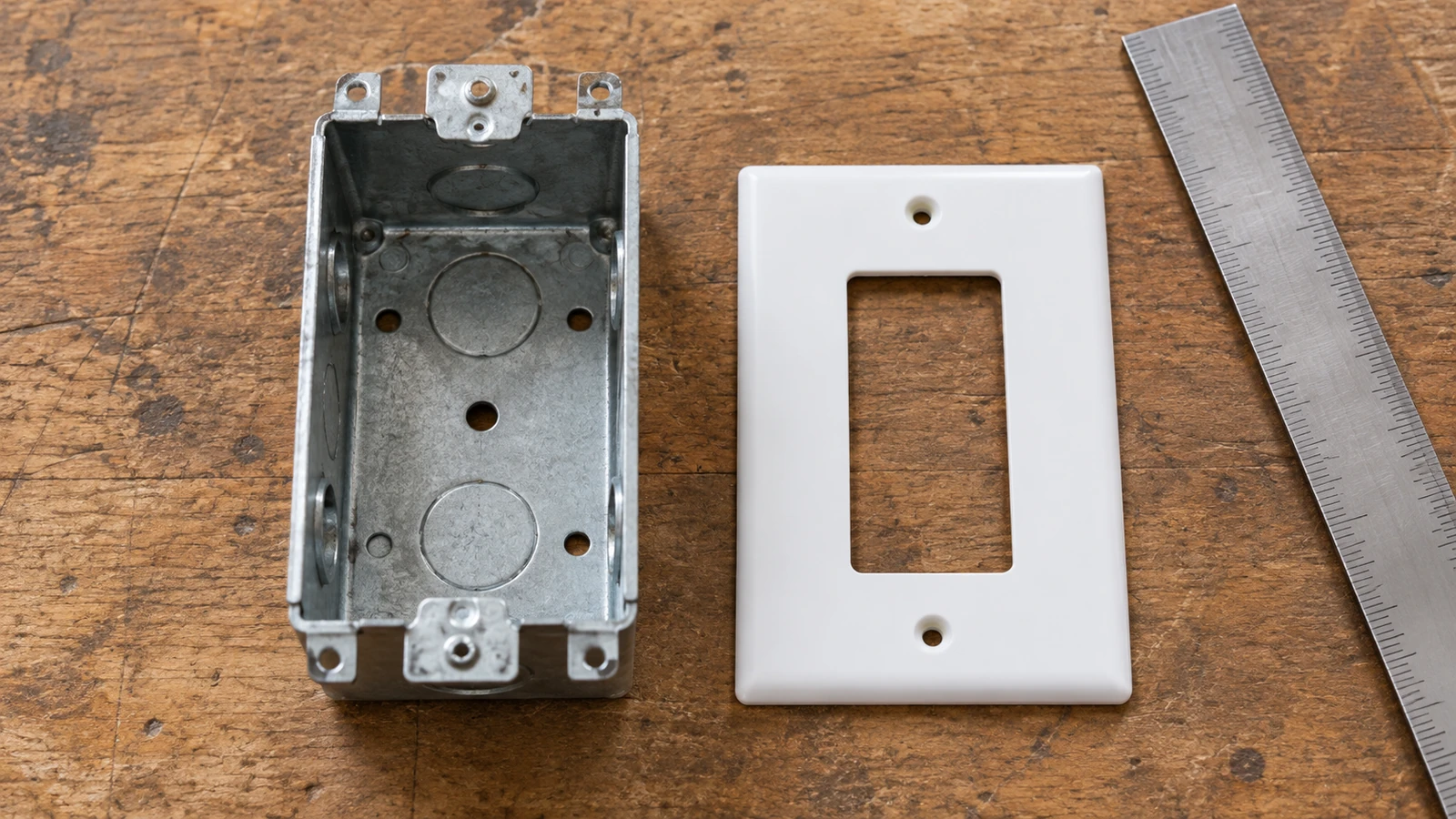 Empty single-gang box and faceplate illustrating the need to check enclosure capacity