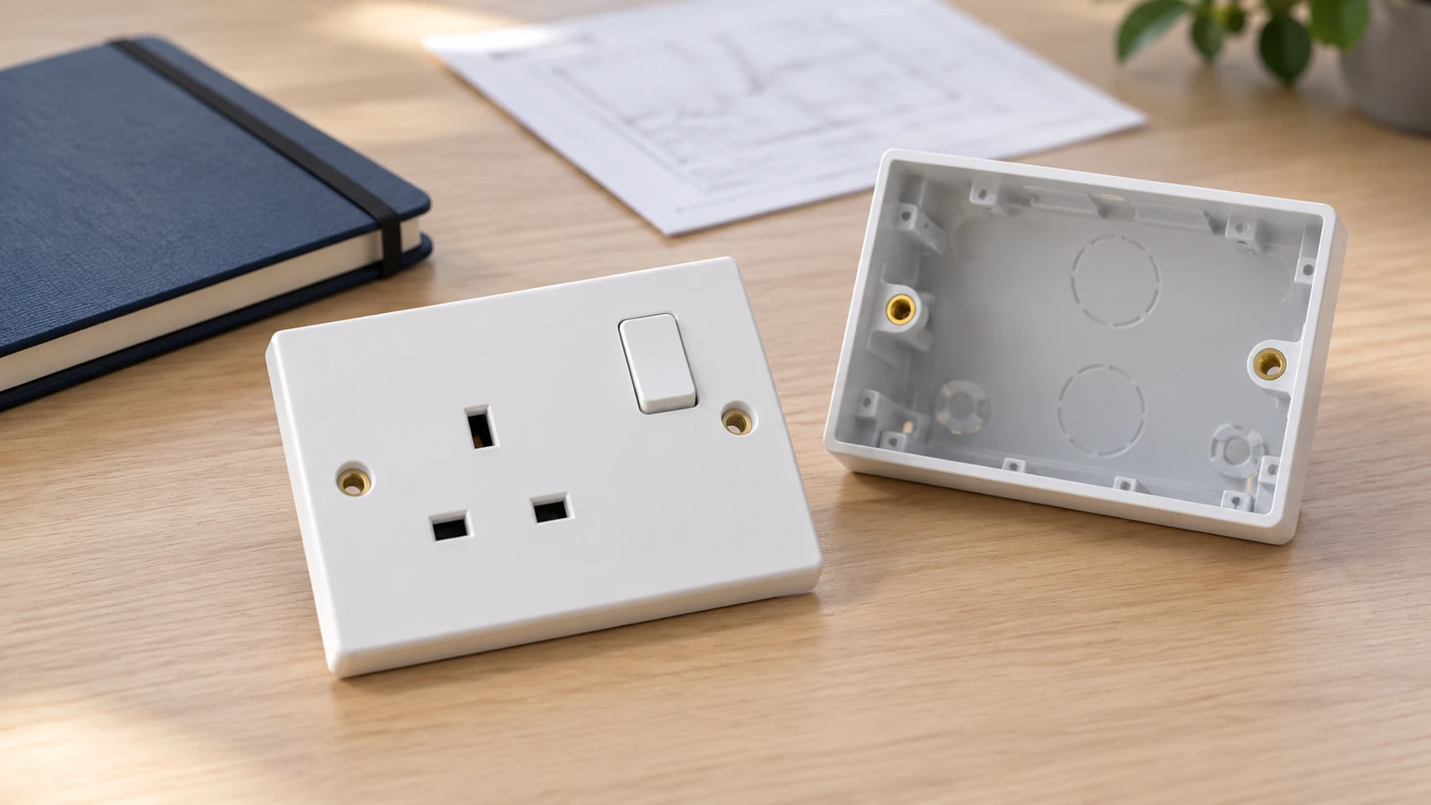 Candidate switched socket, empty back box and documentation for replacement review
