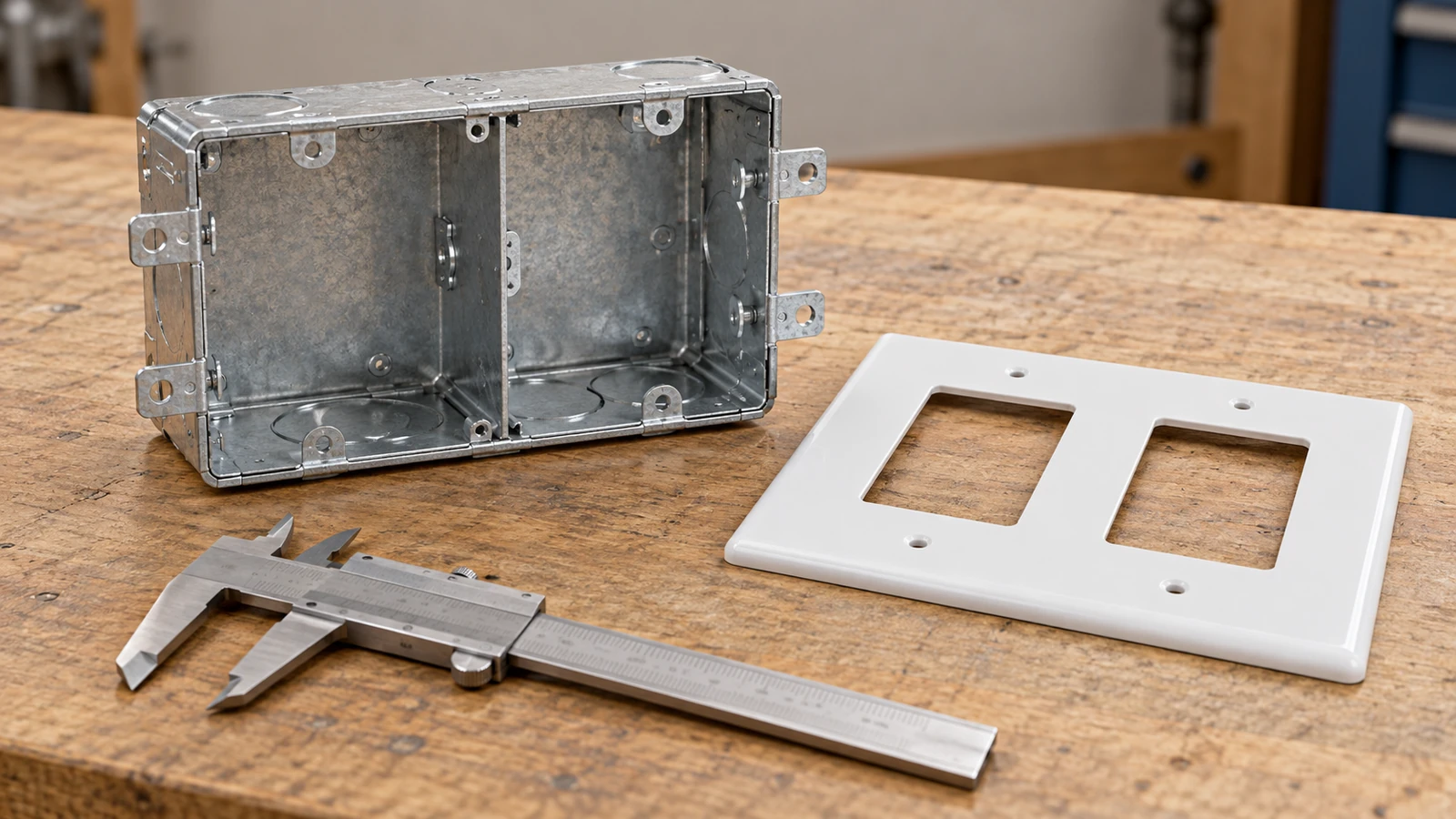 Empty double-gang box and faceplate showing why enclosure fit needs a separate check