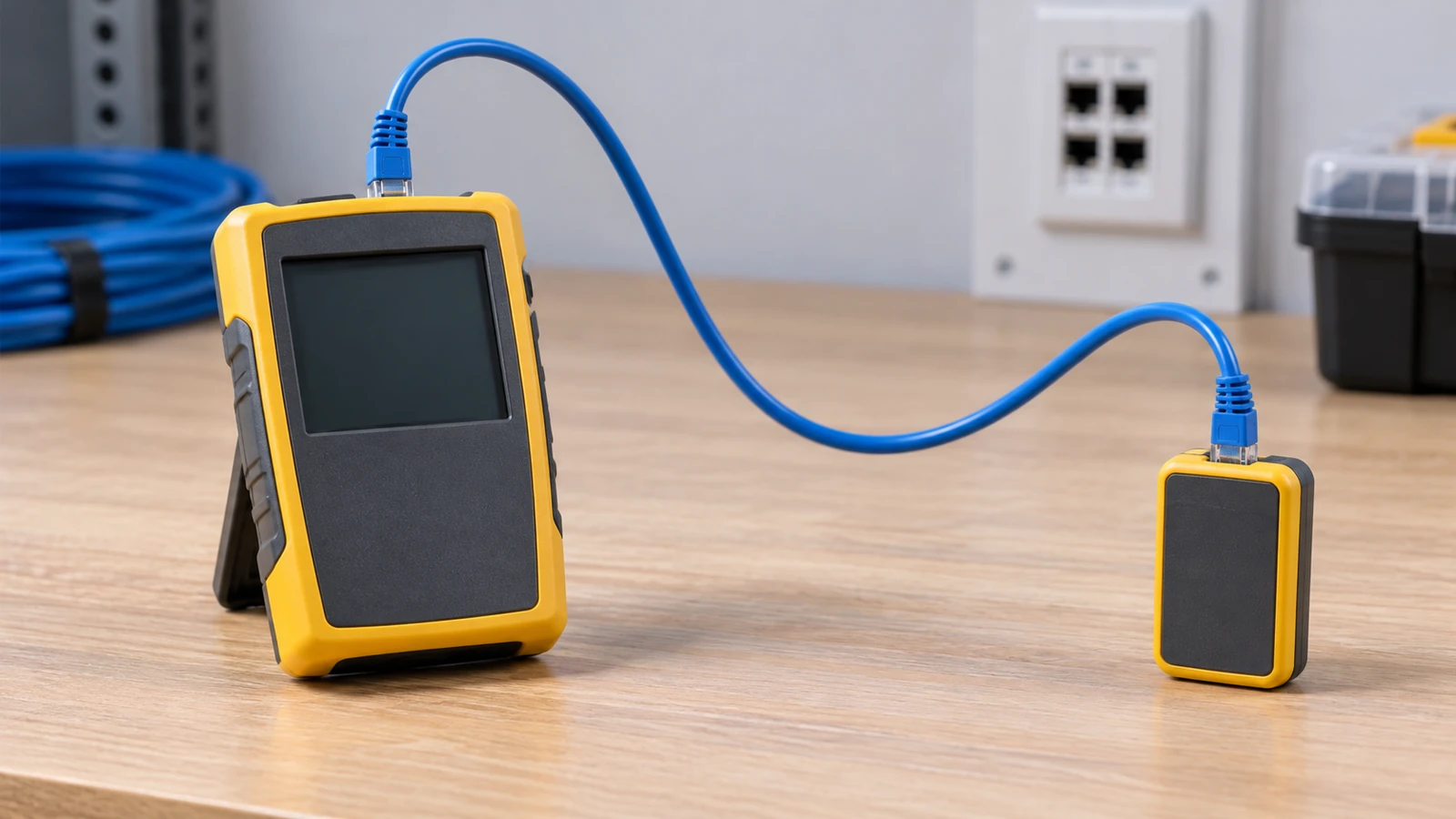 Generic cable tester and remote connected to a disconnected Ethernet cable; no result asserted